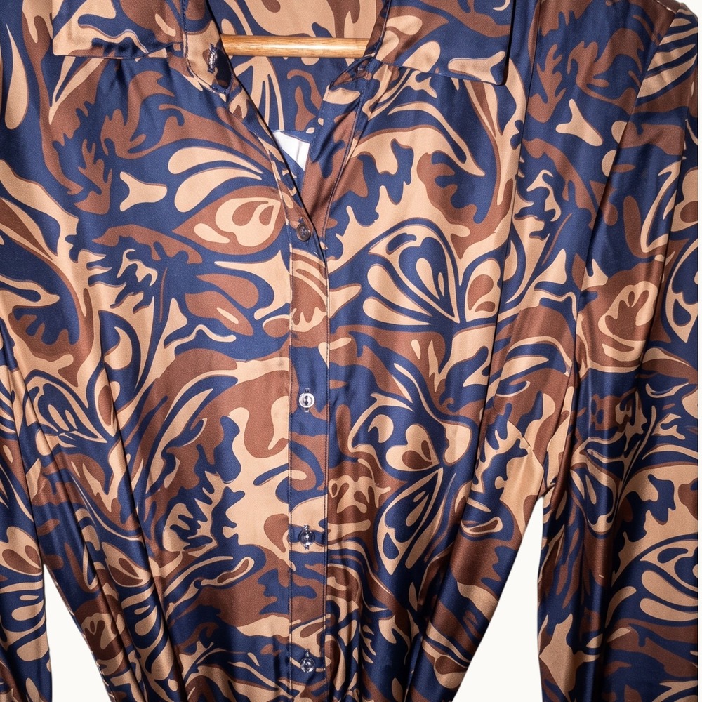 J.McLaughlin Midi Shirt Dress Silk Viscose Botanical Print Tie Waist Button Up M - Picture 4 of 13